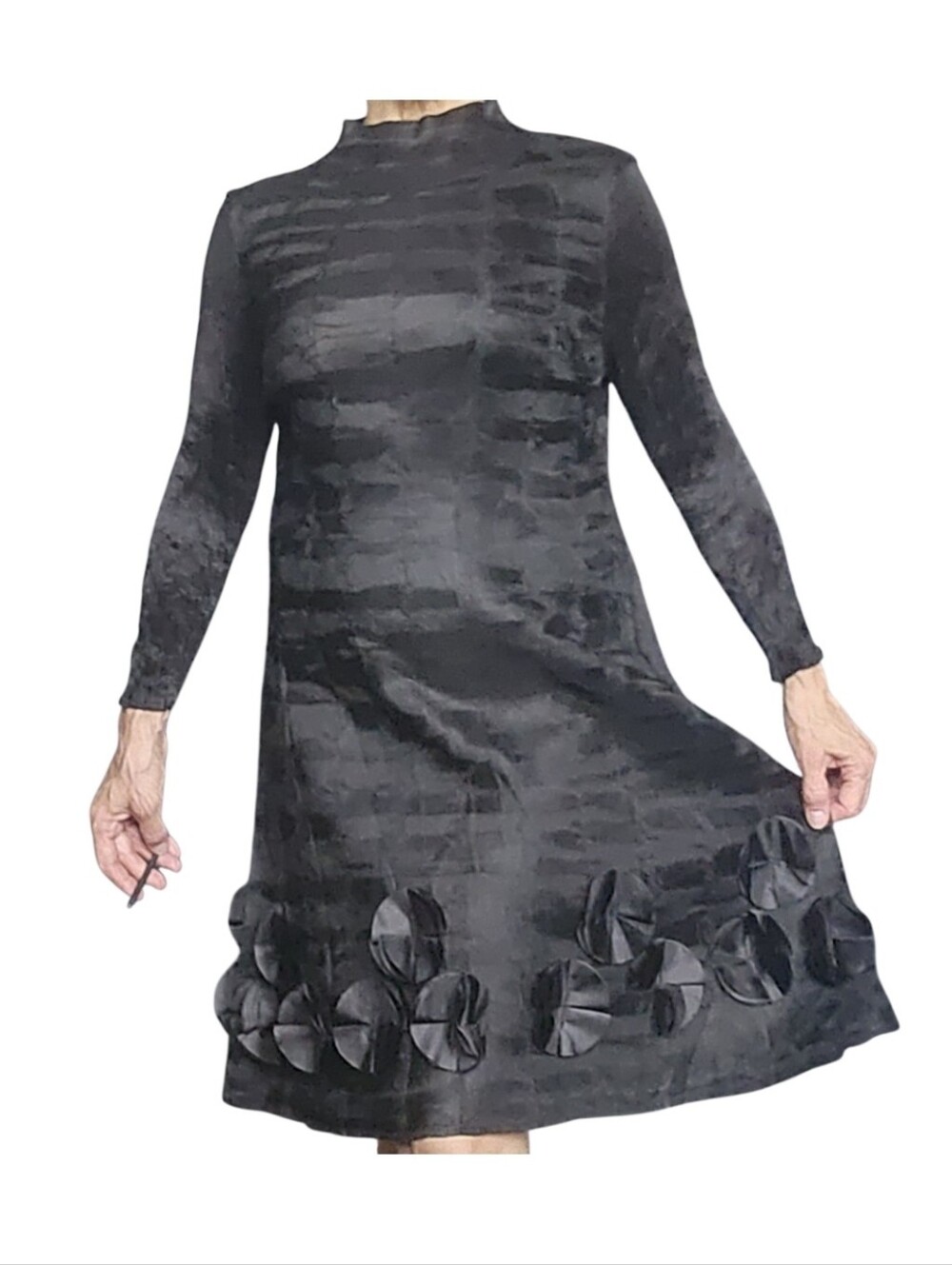 Black Long-Sleeve "Paper' A-Line Dress with Petal Appliqué